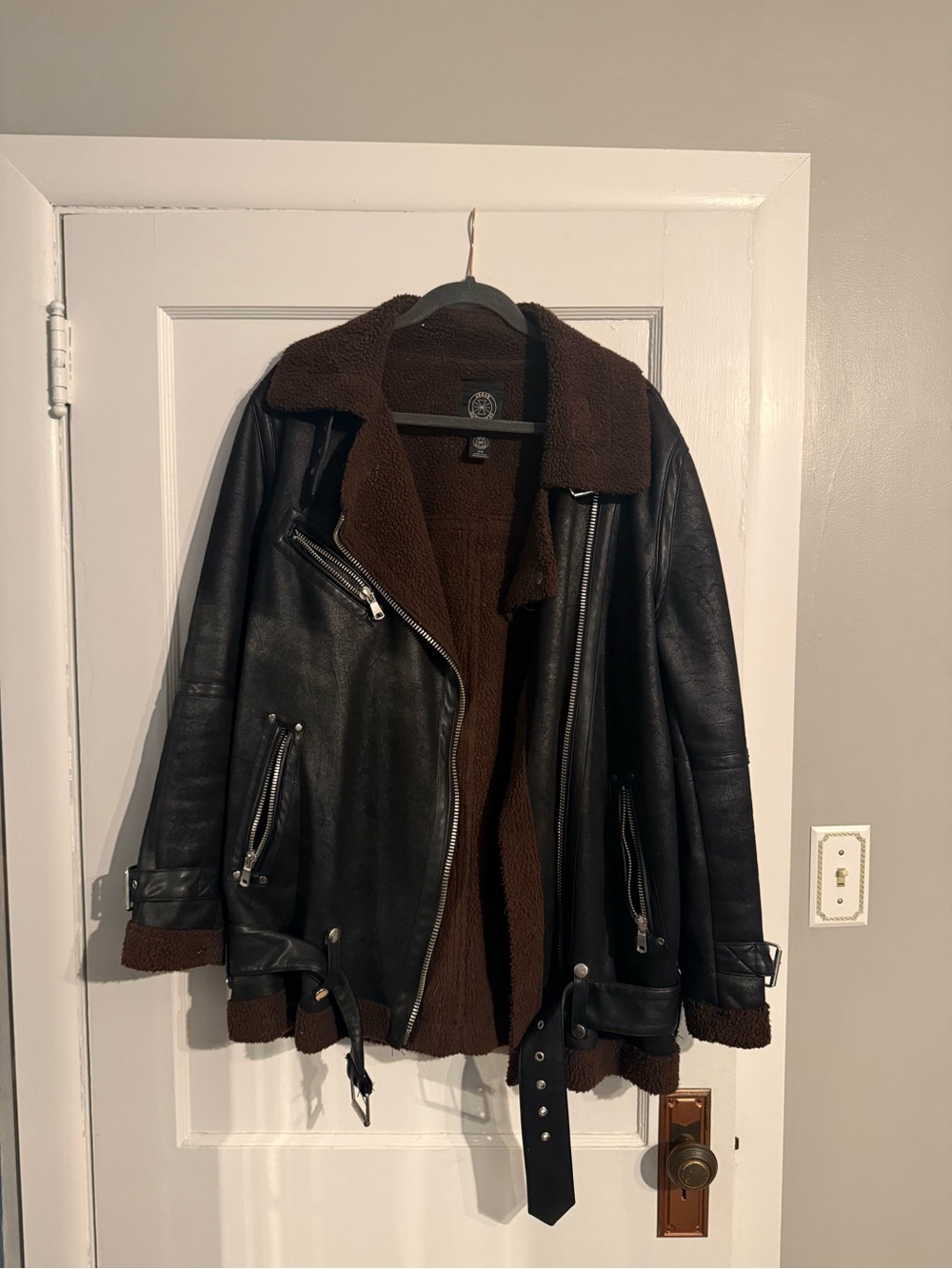 Urban Outfitters Black Faux Leather Bomber Jacket with Brown Sherpa Lining